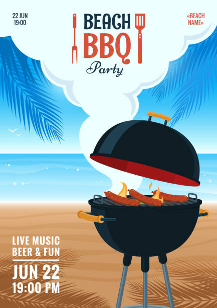 beach-grill-party-einladung. sommer bbq party flyer. grill-abbildung auf dem hintergrund des strandes. design für menü, poster, flyer, ankündigung. vektor eps 10. - bbq stock-grafiken, -clipart, -cartoons und -symbole