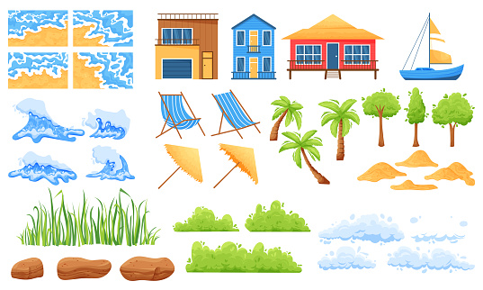 Beach . Cartoon sunny landscape kit with sea beach palm trees hills and mountains. Vector exotic background design