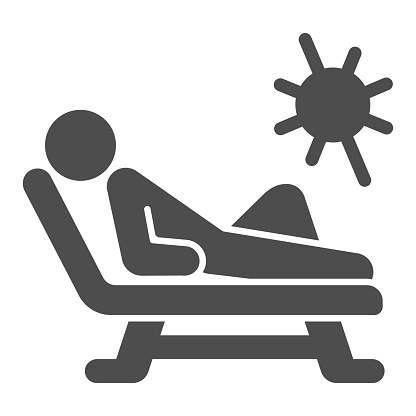 Beach chair and a man relaxing in sun solid icon, Aquapark concept, Man sunbathing sign on white background, Person relaxing on a chaise longue icon in glyph style. Vector graphics