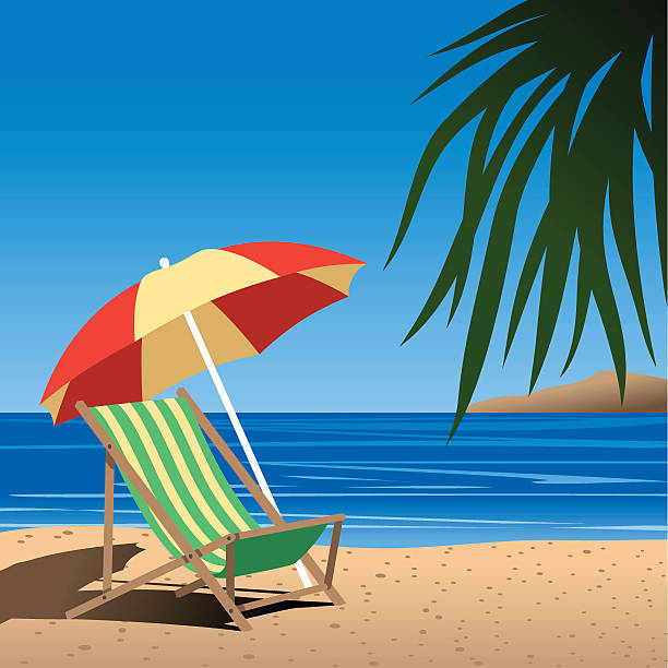 Beach Chair Wish you were here!  Illustration of an inviting beach scene.  Art is not flattened and is easy to manipulate. Scroll down to see more spring/summer inspired illustrations. beach umbrella stock illustrations