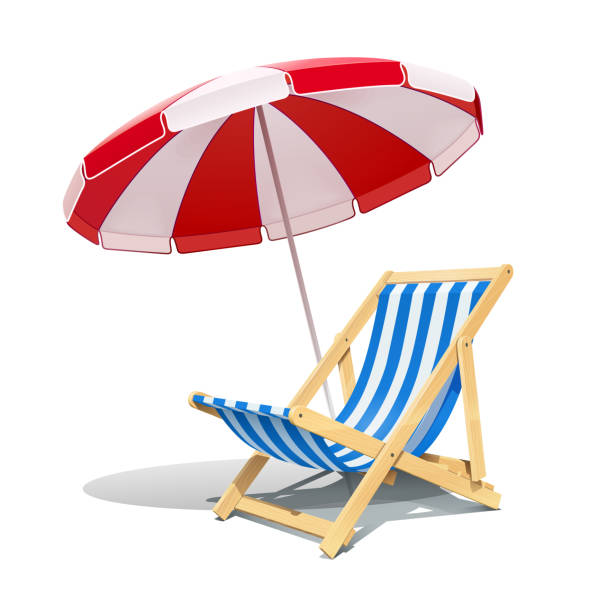 Beach chaise longue and sunshade for summer rest. Vector illustration. Beach chaise longue and sunshade for summer rest. Wooden deck chair. Vacation accessory. Summertime relax. Relaxation equipment. Isolated on white background. Eps10 vector illustration. bed furniture clipart stock illustrations
