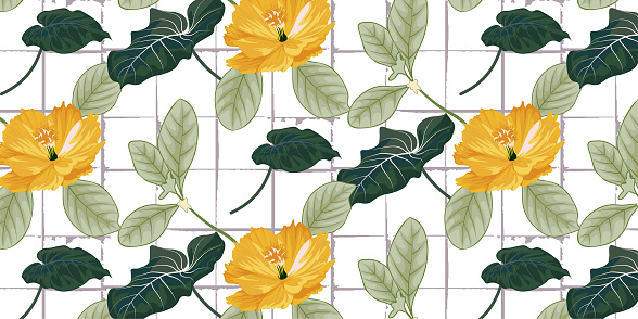 Beach cheerful seamless pattern wallpaper of tropical dark green leaves of palm trees and flowers bird of paradise (strelitzia) plumeria on a light yellow background