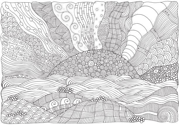 Beach, facing out to sea. Coloring book Beach, facing out to sea. Coloring book page for adult. Art. Doodle, hand-drawn, vector illustration. Black and white colors coloring pages stock illustrations