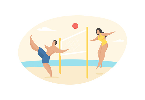 Beach footvolley with ball. Girl throws catch over net and guy kicks it