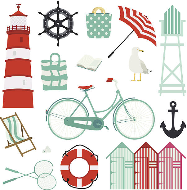 stockillustraties, clipart, cartoons en iconen met beach holiday set - fietsen strand