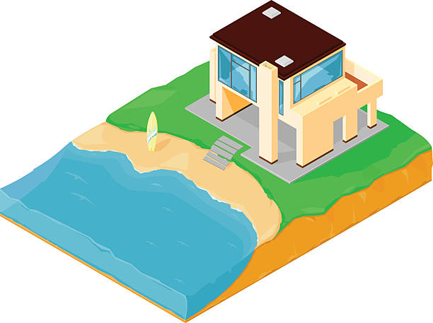 Beach House A vector illustration of an isometric luxury modern home beside the beach and surf. airbnb stock illustrations