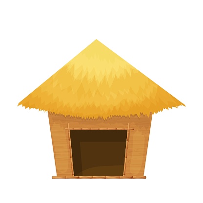 Beach hut or bungalow with straw roof, wooden in cartoon style isolated on white background. Bamboo cabin, small house exotic object.