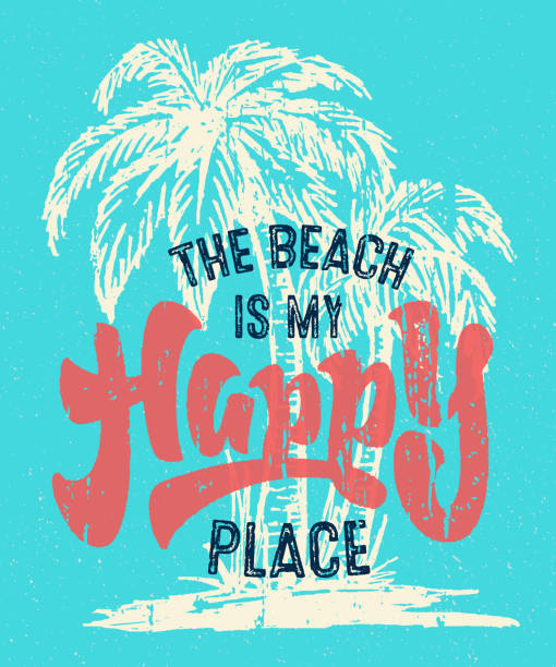 stockillustraties, clipart, cartoons en iconen met 'beach is mijn happy place' vintage getextureerde hand getekende poster - strandbordjes