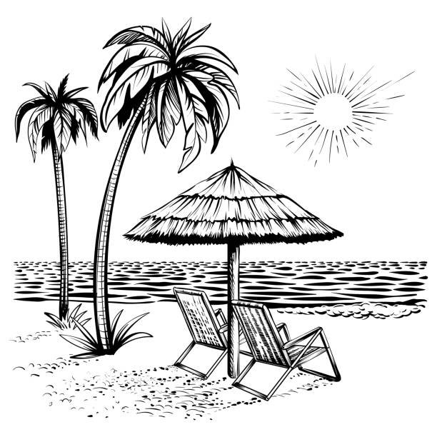 Beach landscape, relaxing resort. Vector line sketch illustration. Beach view with lounger and parasol, vector sketch illustration. Sunny summertime scene with palms and sea. beach drawings stock illustrations