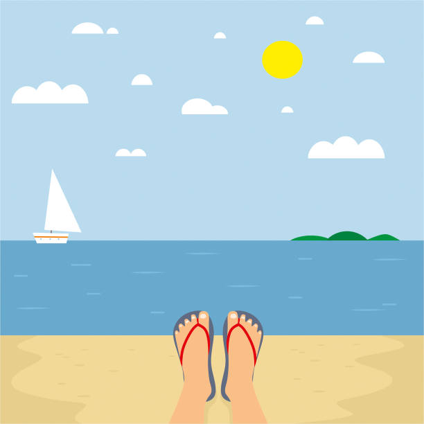stockillustraties, clipart, cartoons en iconen met strand landschap met flip flop - voeten in het zand