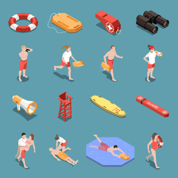 Beach Lifeguards Isometric Set Isometric icons set with male and female beach lifeguards and their inventory 3d isolated vector illustration lifeguard stock illustrations