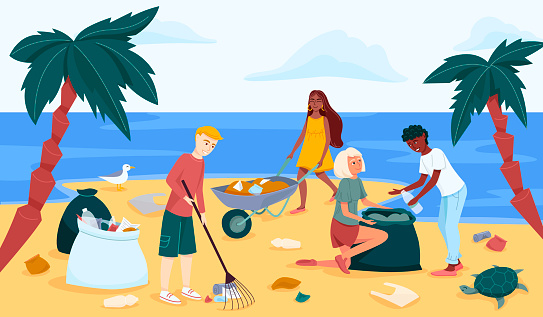 Beach Or Coastal Cleanup In Trendy Flat Style Drawing Group Of Young