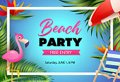 Beach party poster design. Pink flamingo, beach chair, umbrella, palm leaves and text in frame on blue background. Vector illustration can be used for banners, flyers, invitations