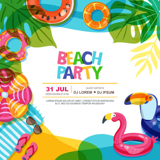 Beach party vector summer poster design template. Swimming pool with float rings doodle illustration. Beach party vector summer poster design template. Swimming pool with float rings doodle illustration. Multicolor inflatable kids toys. Trendy design concept for summer poster or banner. beach borders stock illustrations