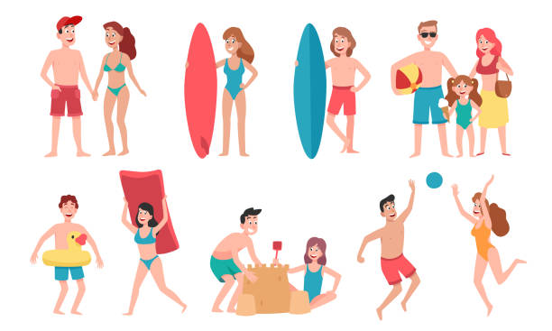 Beach people. Family holiday vacation, sunbathing on beach and happy friends summer fun cartoon vector illustration Beach people. Family holiday vacation, sunbathing on beach and happy friends summer fun. Traveler characters, swimmer surfboard tourism. Cartoon vector isolated icons illustration set little girls in bathing suits stock illustrations