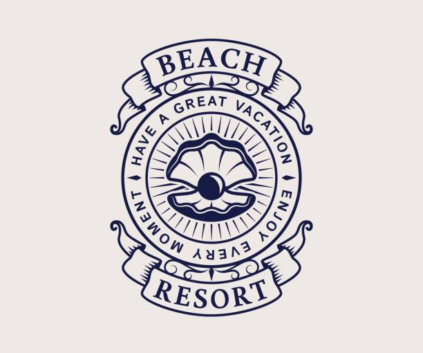 Beach resort emblem with shell. Beach resort badge with seashell. Elegant vintage emblem isolated on white background. Vector template. oyster pearl stock illustrations