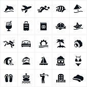 A set of tropical beach resort icons. The icons include sea life, dolphin, airfare, volleyball, tropical fish, beach umbrella, suitcase, passport, starfish, scuba diving, palm tree, hotel, beach hut, camera, surfing, sand pail, sail boat, swim suit, flip flops, cruise ship, golfing and coastline to name a few.
