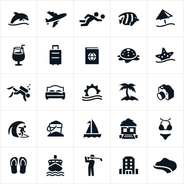 Beach Resort Icons A set of tropical beach resort icons. The icons include sea life, dolphin, airfare, volleyball, tropical fish, beach umbrella, suitcase, passport, starfish, scuba diving, palm tree, hotel, beach hut, camera, surfing, sand pail, sail boat, swim suit, flip flops, cruise ship, golfing and coastline to name a few. beach hut stock illustrations