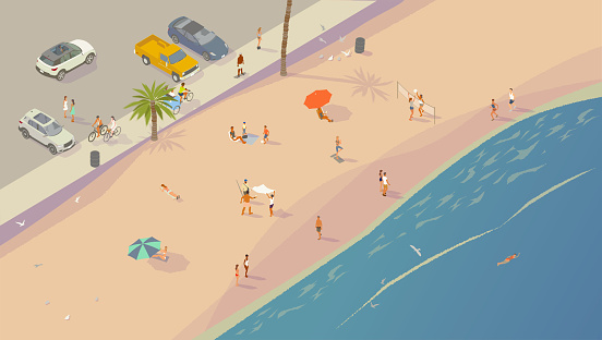Isometric illustration of a beach scene (as seen from above) with sand, ocean, and beachgoers including a swimmer, sunbathers, volleyball players, cyclists, and skaters. Parking, palm trees, and a sea wall are also seen. Vehicles in parking area are generic; no specific manufacturers are represented.
