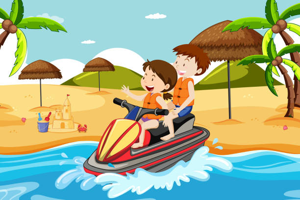 bildbanksillustrationer, clip art samt tecknat material och ikoner med strandscen med barn som kör en jetski - vattenskoter motor