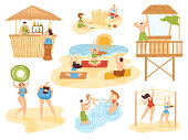 Beach summer activities set of isolated vector illustration, people on sea, fun and active sport, vacation beach collection. Yoga, beach bar, swimming family, children with sand activity and relaxing.