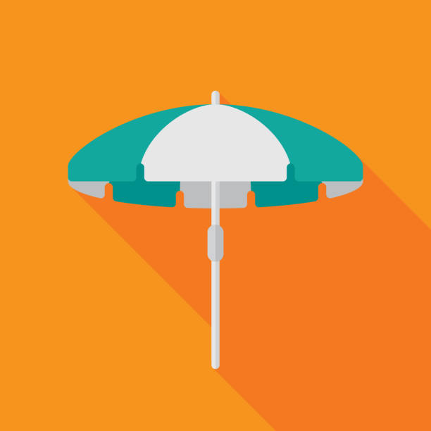 Beach Umbrella Icon Flat Vector illustration of a beach umbrella against an orange background in flat style. beach umbrella stock illustrations