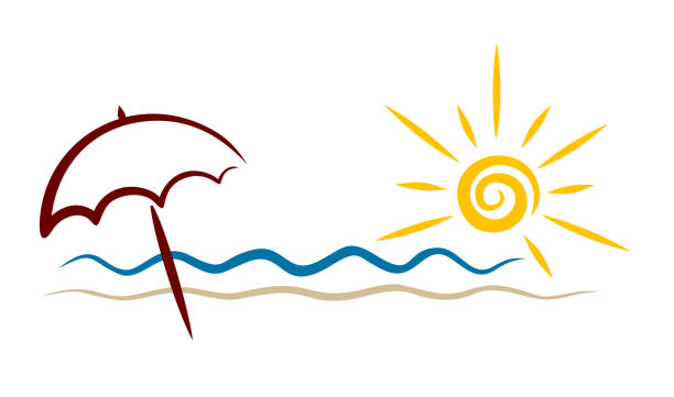 Beach umbrella symbol on the seashore. Symbol of a beach umbrella on the seashore. beach umbrella stock illustrations