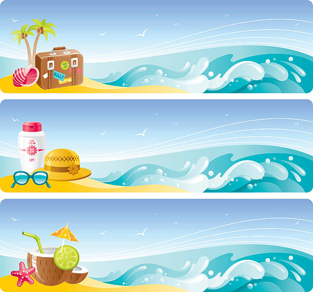 Beach vacation banners set Colorful beach vacation banners set with copyspace. Zip contains CDR-11, AI CS. cocktail borders stock illustrations