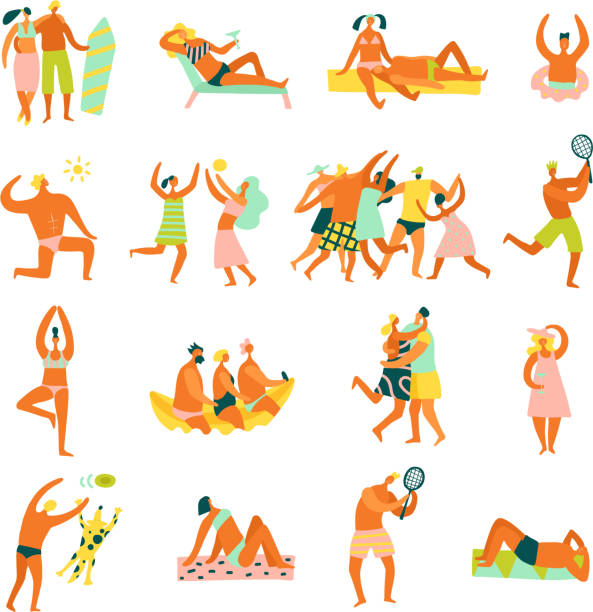 ilustrações, clipart, desenhos animados e ícones de pessoas de férias na praia definido - beach tennis
