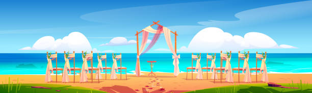 Beach wedding arch and decoration on seaside. Beach wedding arch and decoration on seaside. Wooden archway and chairs with flowers stand on ocean sandy shore with scatter petals. Gate for marriage, matrimony ceremony. Cartoon vector illustration chupah stock illustrations