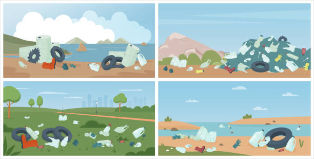 Beach with garbage trash, dirty nature environment set, scenery with plastic waste vector art illustration