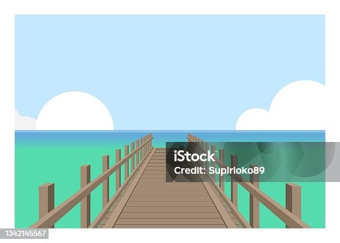 istock Beach wooden pier. Simple flat illustration in perspective view. 1342145567