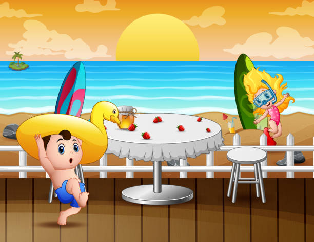 stockillustraties, clipart, cartoons en iconen met restaurant aan het strand of cafélandschap met gelukkige spelende kinderen - sunset dining