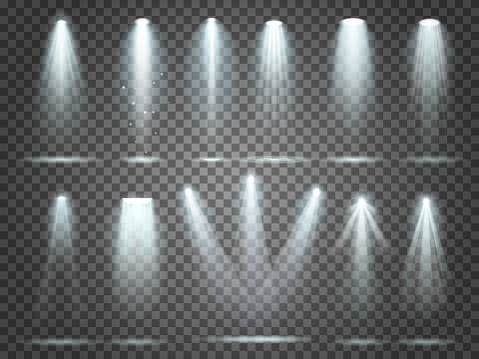 Beam of floodlight, space illuminators lights effects, stage illumination spotlight. Night club party floodlights on scene and white spotlights lighting interior vector realistic 3d set