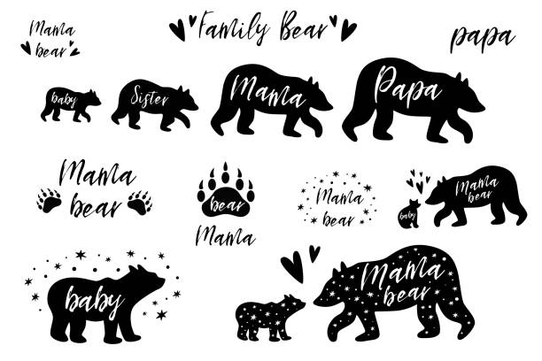 Bear Family bundle set. Papa, Mama, Sister Baby bear black shapes Cute bear prints Pharses with paw Vector elements Bear Family bundle set. Papa, Mama bear, Sister Baby bear black shapes. Cute bear prints. Pharses with paw. Cute wildlife animals great for mothers, fathers day elements. Vector illustration. brown bear stock illustrations