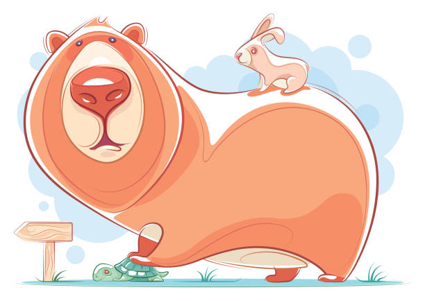 stockillustraties, clipart, cartoons en iconen met beer holding schildpad met konijn - piggyback funny