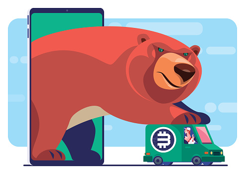 vector illustration of bear catching holding via smartphone