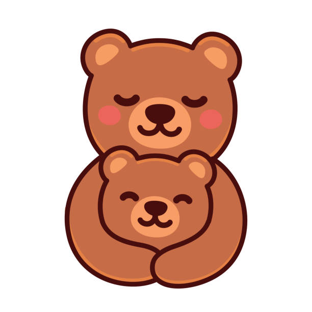 Bear mom and baby Cute cartoon bear mom hugging baby cub, sweet brown bears family drawing. Simple vector clip art illustration, kawaii mascot. mother clipart stock illustrations