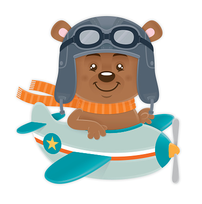 Bear pilot with aviator hat and goggles in airplane flight