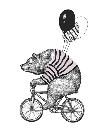 Bear Ride Bicycle Balloon T-shirt Print. Vintage Mascot Cute Fun Grizzly Cycle Bike Isolated on White. Blackwork Tattoo Animal Character Black Sketch. Outline Grunge Teddy Flat Vector Illustration