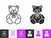 Bear Toy black linear and silhouette icons. Thin line web sign of teddy. Plush Doll outline pictogram isolated on white color, transparent background Vector Icon shape. Bear Toy simple symbol close-up