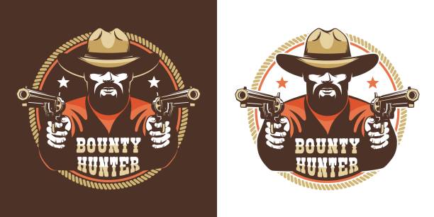 ilustraciones, imágenes clip art, dibujos animados e iconos de stock de vaquero barbudo con armas - vintage salvaje emblema del oeste - texas shooting
