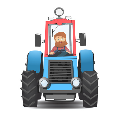 A bearded farmer in a tractor.