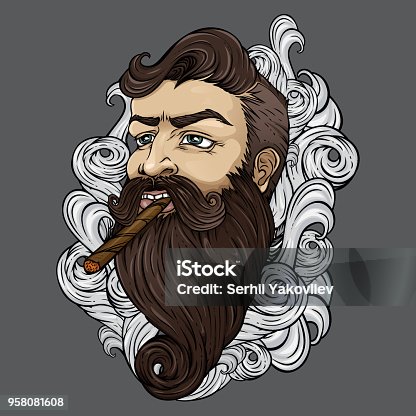 istock Bearded hipster with cigar in clouds of smoke. 958081608