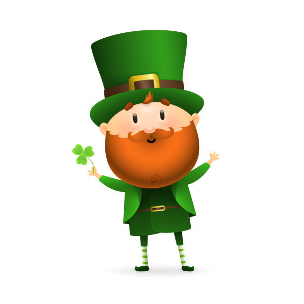 Bearded leprechaun with clover leaf Bearded leprechaun with clover leaf. Happy dancing Irish man in green costume and hat. Can be used for topics like Saint Patrick day, character, holiday poster clipart stock illustrations