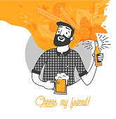 istock Bearded man drinking cold beer vector illustration and cheers my friend typography design. Hipster man with beard holding a glass and a bottle beer. Clean flat design for bar and menu design. 1156674159