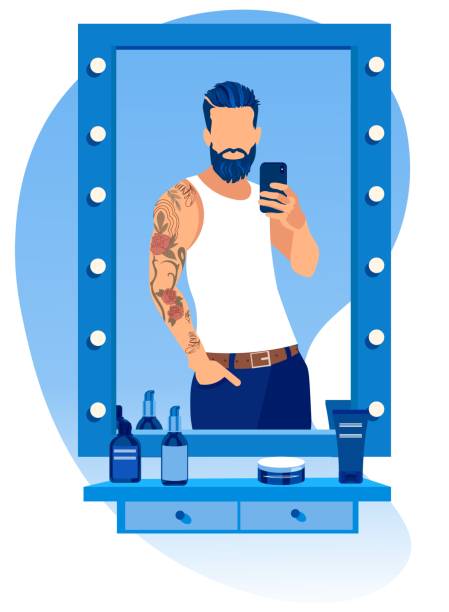 illustrations, cliparts, dessins animés et icônes de homme barbu faisant le selfie dans le miroir chez barbershop - homme miroir