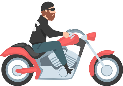 Bearded Man Riding Motorcycle, Side View of Male Biker Character Driving Red Chopper Cartoon Style Vector Illustration