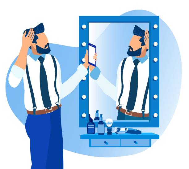 illustrations, cliparts, dessins animés et icônes de homme barbu observant dans le miroir chez barbershop. - homme miroir