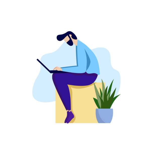 ilustraciones, imágenes clip art, dibujos animados e iconos de stock de bearded hombre trabajando laptop flat cartoon banner - typing on laptop